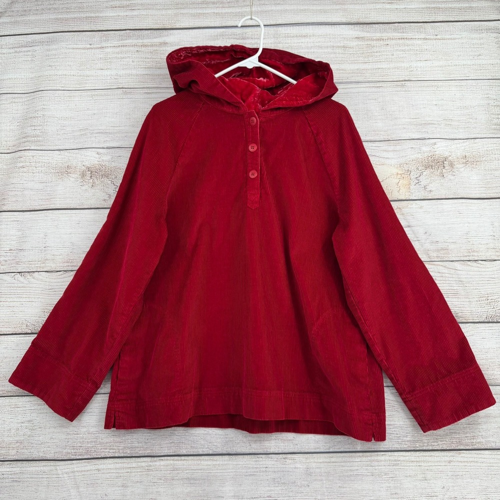 J.Jill Corduroy Hoodie Women Large Red Button Neck Raglan Sleeve 84111002